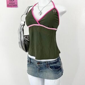 olive green pink trim halter tank top
